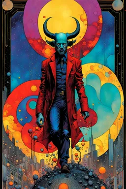 Create a chaotic abstract cubist Tarot Card depicting a full body post apocalyptic, The Devil , with highly detailed facial features, in the style of Bill Sienkiewicz, Philippe Druillet, Gustav Klimt, and Jean Giraud Moebius, precisely drawn, colored and inked