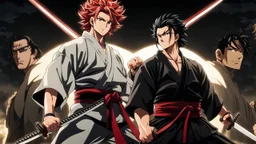 yujiro hanma vs yoriichi tsugukuni, baki vs kimetsu no yaiba, two mans standing in front of each other, a big strong man in black shirt with red hair and evil grin in martial art's stance facing a smaller feminine swordsman with long hair and calm face reaching for his sword in traditional japanese clothes both preparing to fight each other