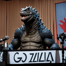 Godzilla standing in front of some microphones and giving a press conference.