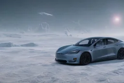 A Tesla 'Model Y' is drifting at top speed, on the planet 'Hoth'. CINEMATIC. WIDE ANGLE LENS. PHOTO REAL.