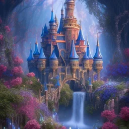 8K realistic dreamscape with magical blue castle, Cascades of bright flowers, majestic, intricate, masterpiece, insanely detailed, cinematic smooth, intricate details , soft smooth lighting, soft smooth pastel colors, iridescent accents