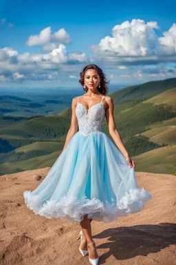 full-body closeup shot of a young, beautiful girl with a perfect face and makeup,wearing pretty dance dress standing in a stage in open air nice hills , blue sky ,pretty clouds at distant