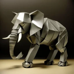 A gray metal elemental elephant designed in Japanese origami painted by Frank Lloyd Wright