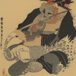 Knive in Skull in water smoking by Hokusai