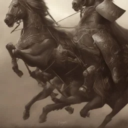 Medieval cavalry galloping. Warriors. Leather armor. Black. Sharp details. Roar.