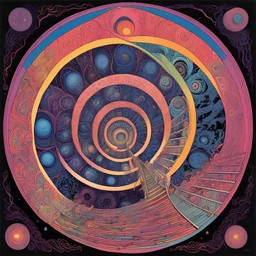 psychedelic spiral stairway scare, by Jack Ohman, by Gerald Scarfe by Alex Grey, silkscreened mind-bending illustration; Astronomy Domine, uv reactive blacklight cosmic colors, Pink_Floyd aesthetics, smooth sci-fi psychedelics, album cover art, asymmetric