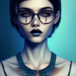 three Girl, short hair, glasses, sueter, darkblue tones, face tattoo,