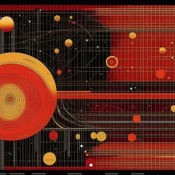 🏁♎⛓️ schematic of solar system warming trends, Braille language textures, abstract geometric art, straight lines and precise angles, style and composition by Arthur Secunda and Anton Semenov and Squeak Carnwath and Wassily Kandinsky, mind-bending illustration; sci-fi poster art, asymmetric, 2D, red hues, warm colors, dark background