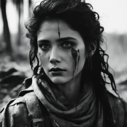 [vintage style noisy scratches glitches, Shot the texture and then rewound the film and double exposed the face] In the fractured remnants of a world that forgot mercy, she is the spark left behind. A war-born nomad, inked with stories of survival and vengeance, her weapon is more than metal—it's memory. With eyes that have seen too much and blinked for no one, she walks the ruins not to conquer, but to remind the wasteland it hasn't broken her. Not yet.