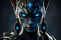 character art of a 20-year-old female Elder-Scrolls-Online-Style Khajiit, glowing blue eyes, She has a curvy body. The artwork is in high-resolution CGI, 4K quality, showcasing high detail and a cinematic look.