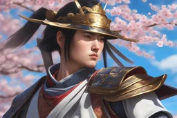 Angle Raw, samurai warrior ((masterpiece)), (beauty:1.3), iconic asp headpiece, masterful sword, UHD, 64K, hyperrealistic, vivid colors, , 8K resolution, japan cherry blossom background with blue sky, HDR depth, ultra detail, commanding regal aura, oil painting