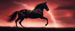 full silhouette of a horse rearing up(on Right side, outlined by lighting), plus red sky with lightning bolts(from top right to bottom left), speed force