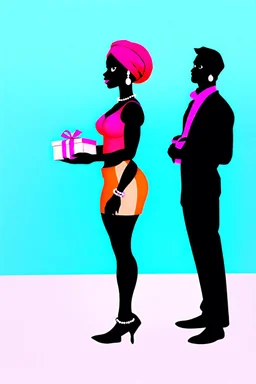 Love is in town. Prompt: Stylized 3D cartoon woman in profile view with long elegant proportions and smooth dark skin tone. Wearing a color-block mini skirt and sleeveless top. Her head wrapped in a turban and accessorized with bracelets and pearl earrings. Holding a small gift box with ribbon in her hands. Accompanied by a tall male companion in matching stylized design. Set against a soft studio backdrop --ar 2:3 --profile sng3ui9 --stylize 300 --draft