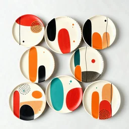 "Create a set of six round plates, each featuring an abstract design inspired by the fifth image. Use elongated cylindrical shapes decorated with a mix of bold and subtle colors like red, orange, black, turquoise, and off-white. Integrate organic patterns such as dots, curved lines, and patches of contrasting hues to create a visually engaging, textured look. The design should evoke an artistic, modern feel with a playful, handcrafted touch, making each plate a unique yet cohesive piece in the s