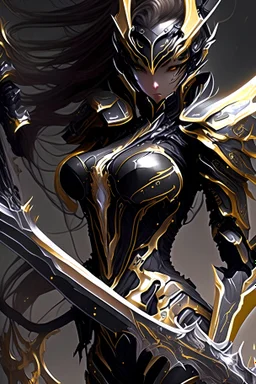 a woman with a sword in her hand, 2. 5 d cgi anime fantasy artwork, ghostblade, black and golden armor, of a beautiful saryn warframe, intricate assasin mecha armor, black armor, sharp black armor, dark warrior, cgsociety 9, anime fantasy artwork, of a beautiful female warframe, detailed warframe fanart