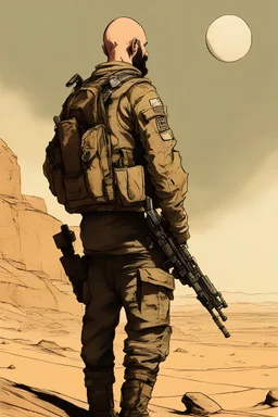 A bald rugged soldier with a short thick black beard wearing military chest rig looking out upon a desert planet art style Alex Maleev