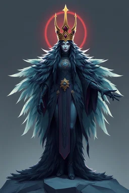 good low poly raven crown priest woman with long fur all over her entire body and bright aura