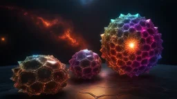 accurate stellated buckyball with protruding processes, eruptions, wonderful, beautiful, complete, floating in outer space in the milky way, luminous, luminescent, reflective, multicolored, fractal texture, exquisite composition, beautiful precise intricate insanely detailed octane render trending on artstation, 8k artistic photography, photorealistic concept art, soft natural volumetric cinematic perfect light, chiaroscuro, award-winning photograph, masterpiece, style of M. C. Escher