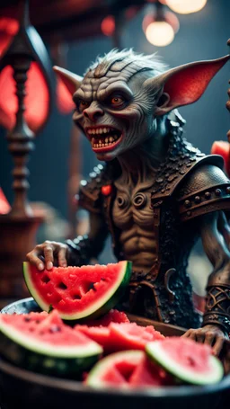 portrait of a vampire werewolf gremlin with mustage eating watermelon and the blood of fish on a viking ship, in the style of Giger,bokeh like f/0.8, tilt-shift lens 8k, high detail, smooth render, down-light, unreal engine, prize winning