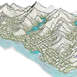 Topographic map, mountain, Lake, city, illustration, sketch