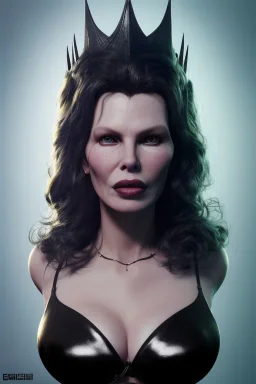 Kim Basinger as evil queen in black leather, busty, cleavage, curvy, angry, happy, stern look. character design by cory loftis, fenghua zhong, ryohei hase, ismail inceoglu and ruan jia. unreal engine 5, artistic lighting, highly detailed, photorealistic, fantasy