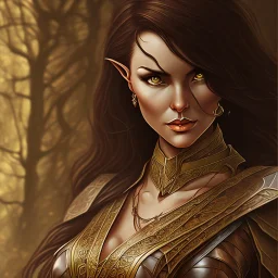 dungeons and dragons, female wood elf, druid, brown hair, brown eyes, full body, realistic face, short hair, large nose, closed mouth, leather armor, dark skin, one person