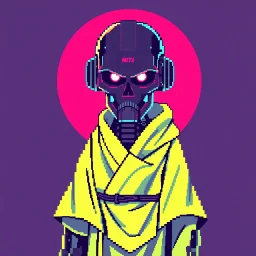 8 bit pixelart of a terminator like robot, synthwave colored, vaporware, budist monk robe