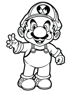 outline art for Mario coloring page, Japanese manga style, cartoon style, cute face, white background sketch style, full body is a must, only use outline, clean line art, no shadow, bold outline