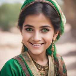 Pakistani Pushto Girl smiling & has green lenses with traditional dress