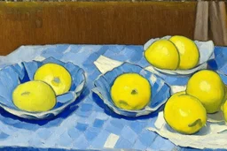 Lemons on a table with a blue napkin, impressionnist oil on canvas by Paul Cézanne, 1887, broad brushstrokes, canvas relief