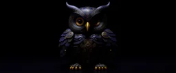 A purplish black shadow elemental owl designed in Japanese Oni masks painted by the Limbourg brothers