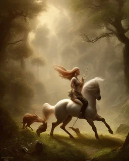 A centaur majestically galloping through the dense forest in the style of gustav dore, fantastical landscape, soft strokes , mythology portrait, classic painting