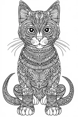 A simple coloring book page drawing with only thick black lines on a white background of a full length body of a kitten mandala of the cat breed PAMPAS CAT in the Pop Art style. No shading. No gray. No shadows. No color. This coloring book page would appeal to children aged sixteen through adults and have clean lines for a design that is easy to color. Style raw. Aspect ratio 9:11