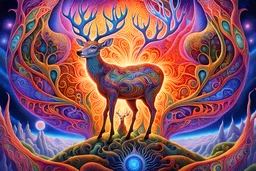 Deer Surreal DMT Dimension with vibrant and kaleidoscopic visuals, otherworldly landscapes, intricate geometric patterns, ethereal beings, cosmic energy, glowing fractals, immersive depth of field, cinematic lighting, masterful digital painting by Alex Grey and Android Jones, 8k resolution