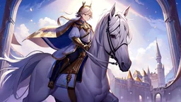 king rides white horse from the castle gate