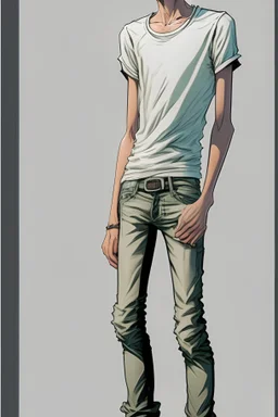Teen man, black hair, perfect face, style of tomer hanuka, jeans, white, t-shirt, pompadour. standing, full body