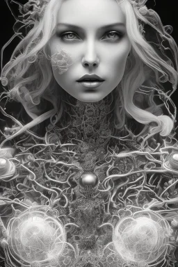 a black and white double exposure photo of a woman's face, an ultrafine detailed air brush painting by Hajime Sorayama, Kyle cooper, and Dan Hillier, cgsociety, dark erotica, avant garde gothic androgynous, mixed media, dystopian art, cosmic art, analog horror, nightmarefuel, hauntingly beautiful, beautifully ominous, sharp and razor focused in stunning HD, world class art, unique, modern masterpiece, exceptional, exquisite, dark fantasy, grime, neoism, apocalypse art, calotype