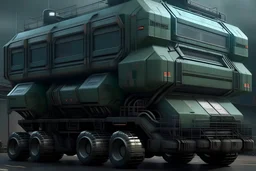 sci-fi truck, massive, military, with multiple levels, capable of sustaining 15 people and host them, having capsule bedrooms, seen from behind