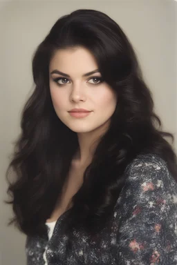 1980's yearbook photo, teenage girl, Ariel Winter, 18 years old, black hair, 80's hairstyle, photorealistic, --ar 9:16 --style raw,