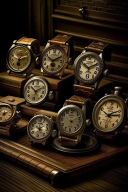 Generate an image that showcases a collection of vintage watches from different eras. Arrange the watches on a beautifully aged wooden surface or an antique display case. Vary the styles, shapes, and materials to highlight the unique characteristics of each vintage timepiece. Use soft, warm lighting to evoke a sense of nostalgia.the atmosphere of innovation and dedication as they work towards technological breakthroughs.