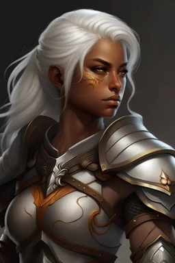 paladin woman with tan skin, wearing armor, white hair, muscular