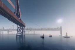 oakland boat port in california, urban , slums , view of port from the sea, bridge in background , fog , realistic, unity, scriptable render pipeline , cinematic lighting.