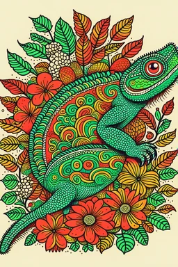 a chameleon rounded by flowers and leaves, quimbaya culture style