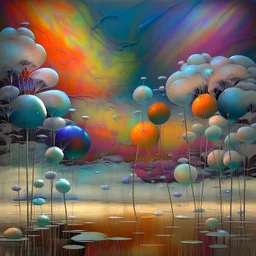 Grunge textured abstract impasto mixed media painting with dripping paint, fantastical otherworldly frozen winterscape with iridescent metallic colors, silver lines, by Andy Kehoe, Klimt, Joan Miro,Ton Dubbeldam, John Hoyland, Amanda Clarke. Reflective frozen pond, surrounded by whimsical, filigree, impressive frosted leaves standing tall on long stems; tendrils, grasses, cattails. Dramatic sky with stormy clouds. with mercury glass patina, glowing golden sparks, vibrant iridescent colours, psyc