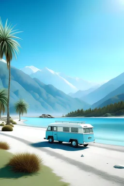 Background: New Zealand sandy beach, blue water. 1972 bedford campervan. Exhaust smoke. snowy mountains. Foreground: winding road. Palm trees. pastel shades. picnic.