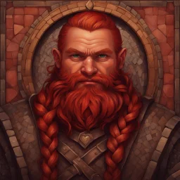 a medieval mosaic, Dnd, fantasy, portrait, only face, dwarf, blacksmith, kind, hearthy, red hair, braided beard