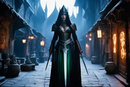 (photo of a sword and sorcery movie) she stands, a captured phantom, trapped in the neon-flesh-bazaar of a dying medieval city. This isn’t a market; it's a cosmic mistake, a hallucinatory auction block. The subject is a sorceress, her eyes (shot-on-35mm film, grainy, intense) reflect a reality that is cracking. She is bound, not just by ropes, but by the jagged, vibrating lines of a bad trip. Her clothes—torn velvet, the remains of arcane robes—cling to her, stained with mud and stardust. One w