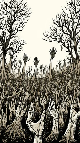 a field of thousands of hands of bodies rising up from the ground not visible, horror, hands in different shapes coming out from the ground towards the sky Busch painting style nightmare and thin line draw, a dry tree with out branches in the middle