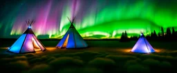 Prairie landscape, northern lights, 3 teepees, historically authentic