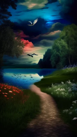 forest trail, trail of flowers, dusk by a lake.dark blue background with clouds and one bird in the horizon